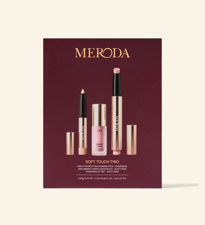 Soft Touch Trio gift set featuring the champagne eye shimmer stick, dusty rose liquid blush, and hydrating lip tint.