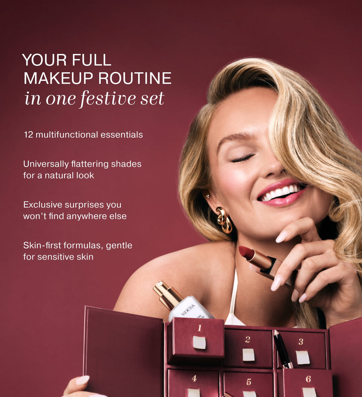 Advent Calendar - 12 Days of Effortless Beauty in burgundy, with 12 essentials and a woman holding lipstick