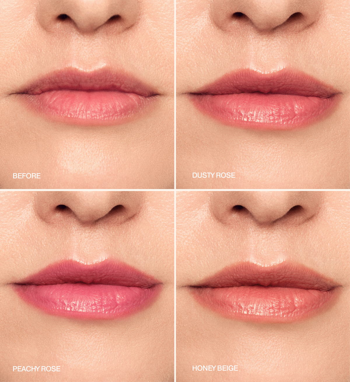 Mini Lip Tint Trio before application and after wearing Dusty Rose, Peachy Rose, and Honey Beige shades.