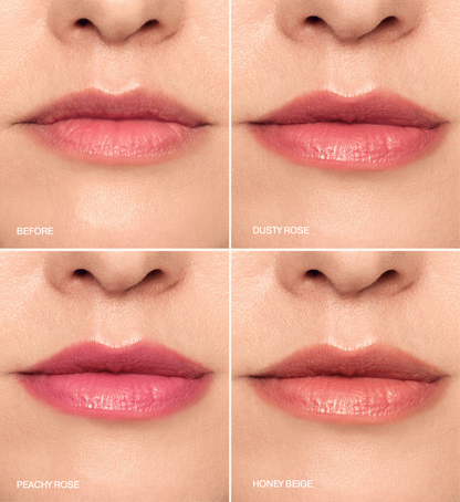 Mini Lip Tint Trio before application and after wearing Dusty Rose, Peachy Rose, and Honey Beige shades.