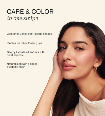 Mini Lip Tint Trio showcasing key benefits including hydration, buildable finish, and fuller-looking lips on model.