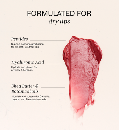 Mini Lip Tint Trio ingredients infographic highlighting peptides, hyaluronic acid, shea butter, and botanical oils.